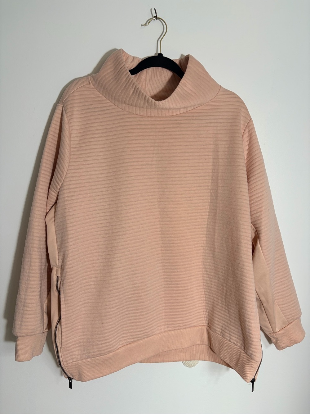 The Sweatshirt Project Cozy Ribbed Light Pink Funnel-Neck Sweatshirt zip side 2x